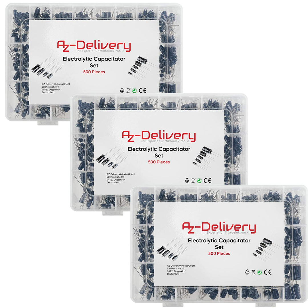 AZDelivery 3 x ElKo Sortiment Elektrolytkondensator Aluminium 24 Werte 500 Stück 0.1uF – 1000uF mit