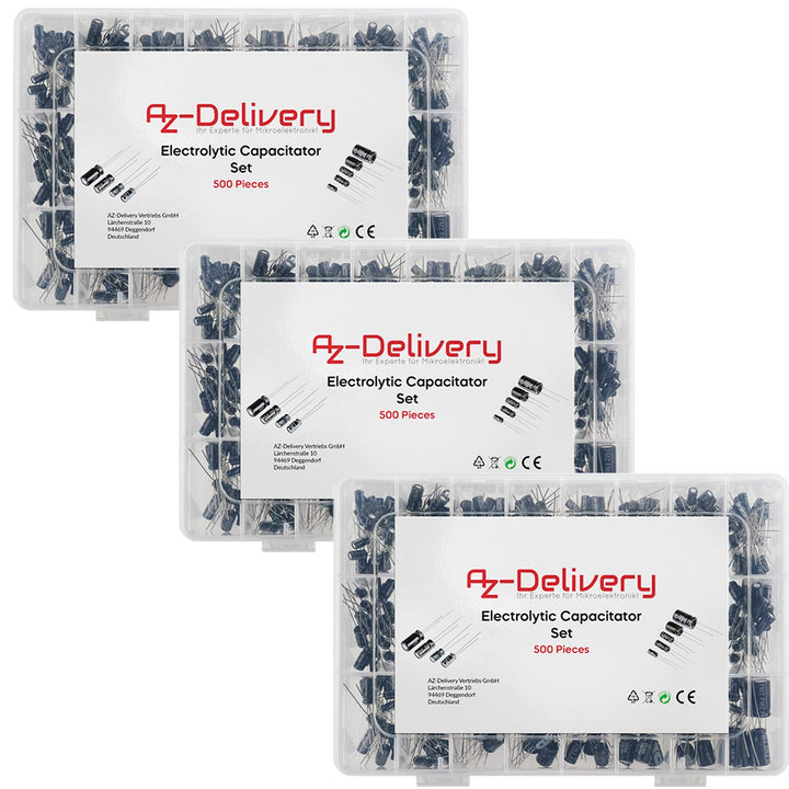 AZDelivery 3 x ElKo Sortiment Elektrolytkondensator Aluminium 24 Werte 500 Stück 0.1uF – 1000uF mit