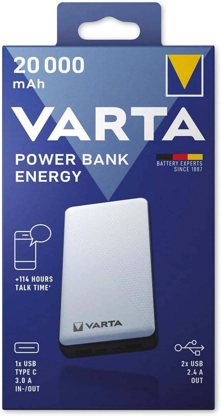 VARTA Power Bank 20000mAh, Powerbank Energy mit 4 Anschlüssen (1x Micro USB, 2x USB A, 1x USB C), ko