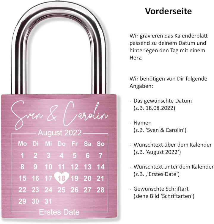 Liebesschloss mit Gravur Kalenderblatt - Rosa - gestaltbar mit vielen Farben & Schriften - Jahrestag