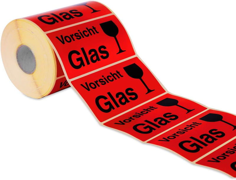 Etiketten Aufkleber Vorsicht Glas rot 1000 Stück extra gross 145x76mm Warnetikett auf Rolle 597101 -