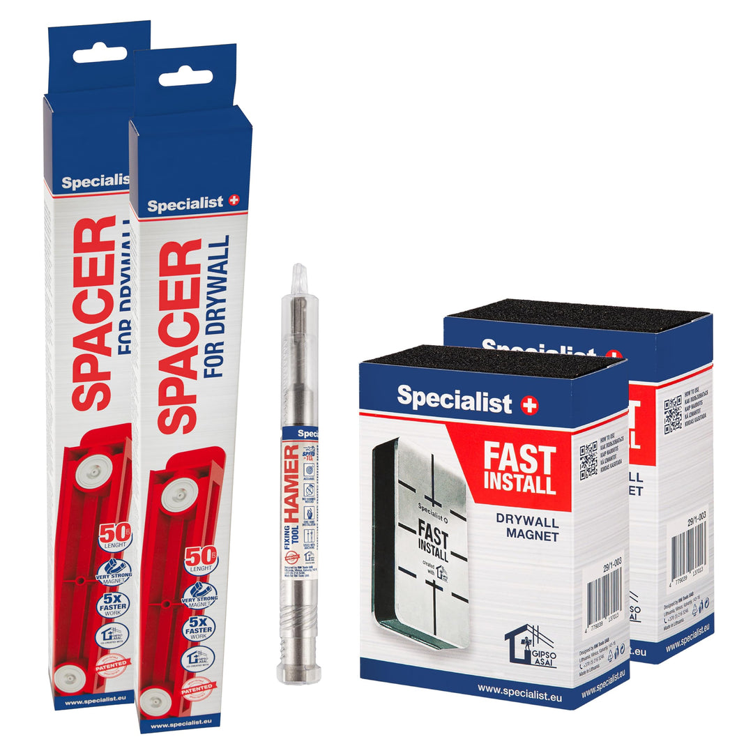 Specialist+ Trockenbau-Rahmen-Werkzeugset I x2 SPACER (50cm), x2 FAST INSTALL-Gipsmagnet und x1 HAME
