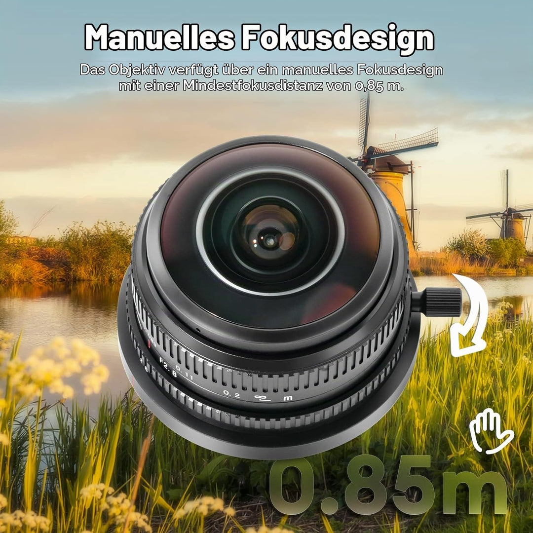 7artisans 4mm F2.8 kreisförmiges Fisheye-Objektiv, 225 ° Ultraweitwinkel, kompatibel mit APS-C Sony
