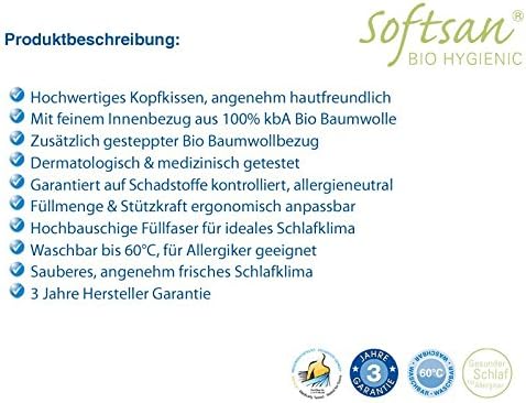 Softsan Mikrofaser Kissen Bio Hygienic 35x40 cm allergikergeeignet Kopfkissen mit Bio Baumwoll-Bezug