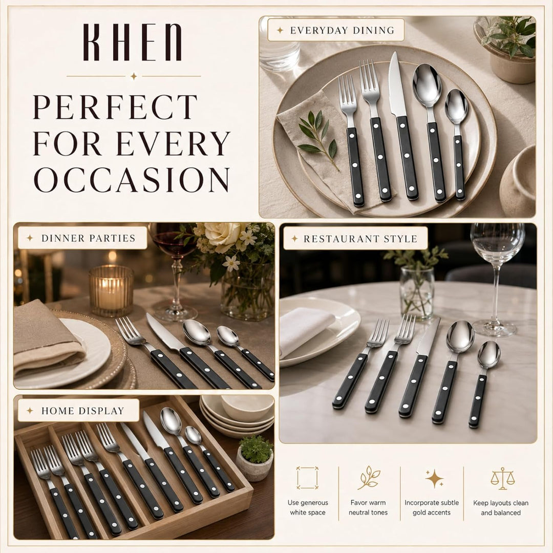 Khen Black Cutlery Sabre Besteck-Set, 6-teilig, 18/8 Edelstahl, modernes Besteck für Zuhause, Küche