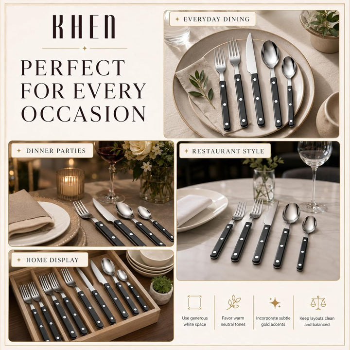 Khen Black Cutlery Sabre Besteck-Set, 6-teilig, 18/8 Edelstahl, modernes Besteck für Zuhause, Küche