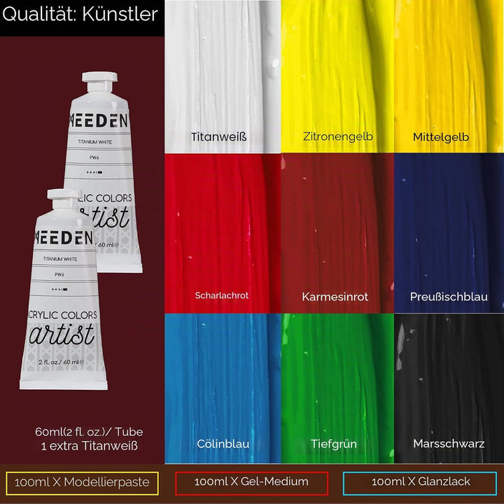 Meeden Staffelei Set, im französischen Sti, 15x100ml Acryl-Farben, Pinsel-Set, Leinwand, gespannte L