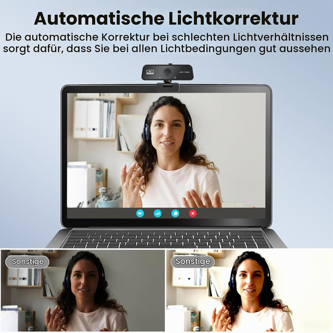 4K Webcam mit Autofokus – Ultra HD Streaming Kamera mit Integriertem Mikrofon &amp; Automatischer Lichtk