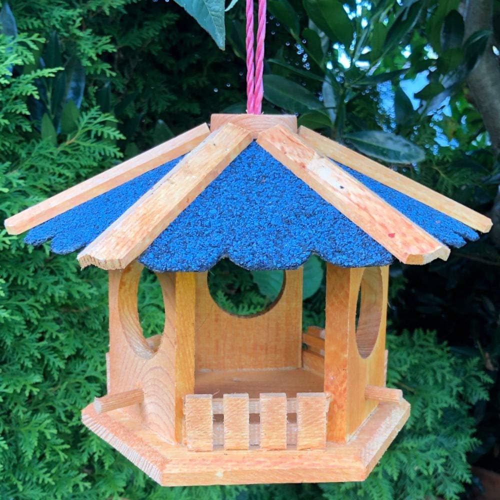 Vogelhaus zum Aufhängen Maxi Ø 30 cm wetterfest Futterstelle Sechseck aus Holz (Klein, Braun/Blau) K