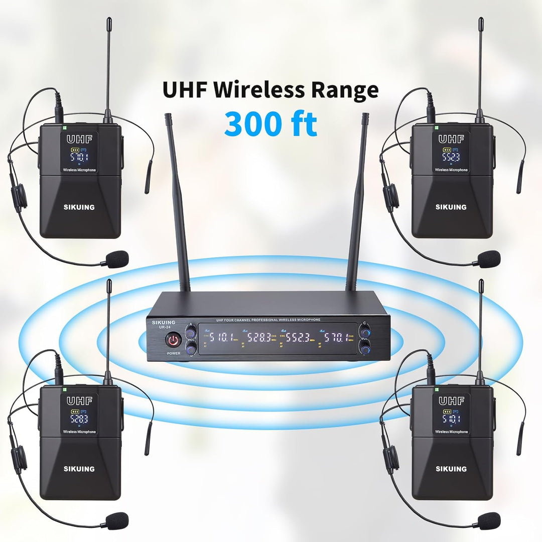 4-Kanal Mikrofon Wireless Kabellos mit Lavalier-Kopfbügelmikrofonen, 4x50 einstellbare Frequenzen, i