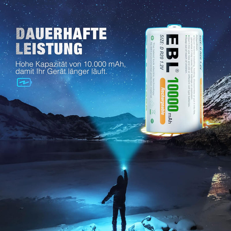 EBL D Akku 10000mAh, Wiederaufladbare D Zelle NI-MH Batterie 4 Stück mit Aufbewahrungsbox, Mono D Ak