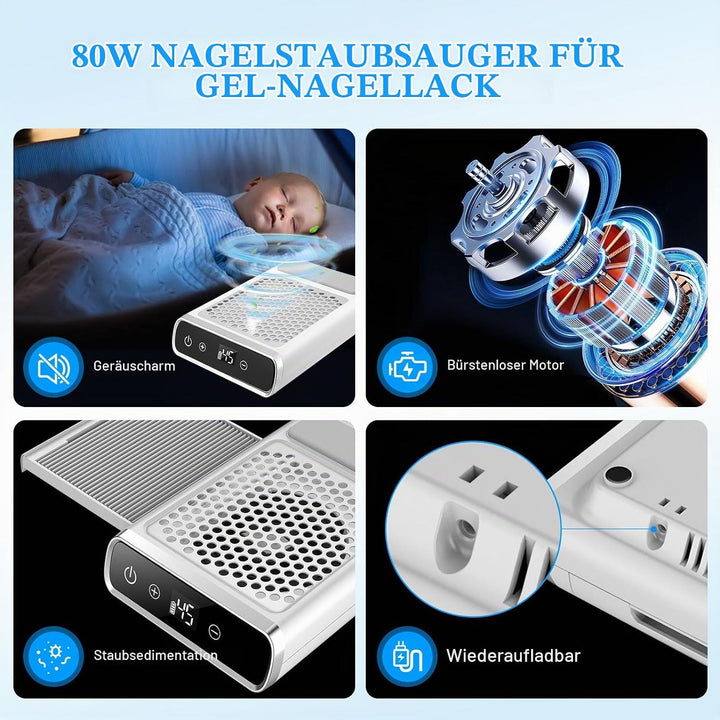 Nagelstaubsauger, 80W Kabellose Akku Staubabsaugung für Nägel, Wiederaufladbare Nagelstaub-Sammelmas