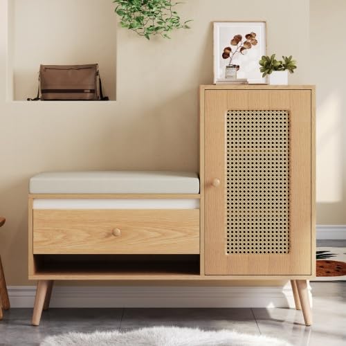 Merax Schuhschrank mit Rattan-Optik und Sitzbank – Multifunktionale Garderobenbank mit Schubladen &