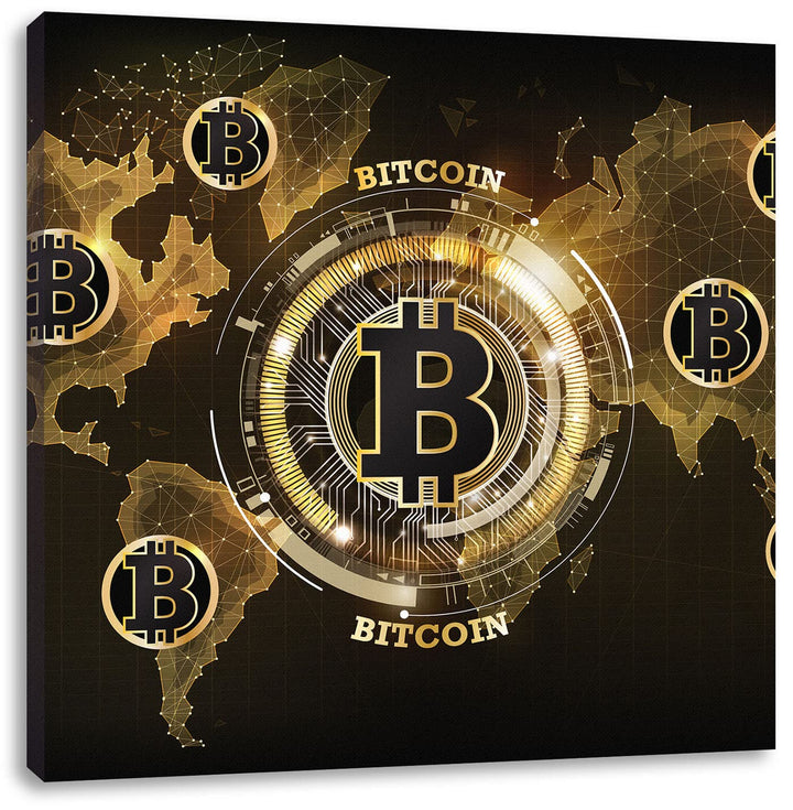 Pixxprint Weltkarte des Bitcoin BTC als Leinwandbild Quadratisch| Grösse: 70x70 cm | Wandbild | Kuns