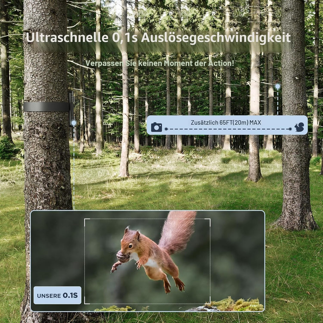 WOLFANG Wildkamera, 4K Solar Video Wildtierkamera, 68MP Full HD WLAN mit Handyübertragung APP, Beweg