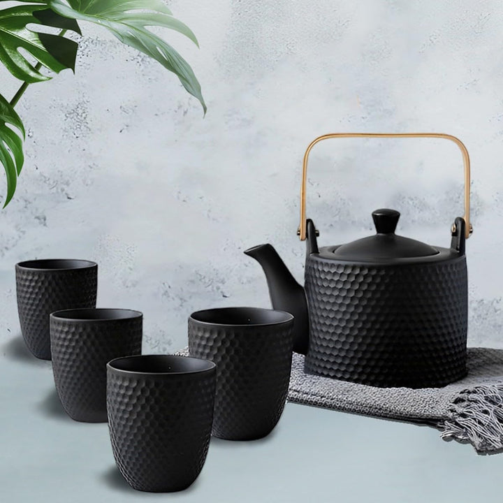Japanisches Teeservice Keramik Schwarz, Vintage Porzellan Teeset mit Sieb, 900ML Porzellan Teekanne