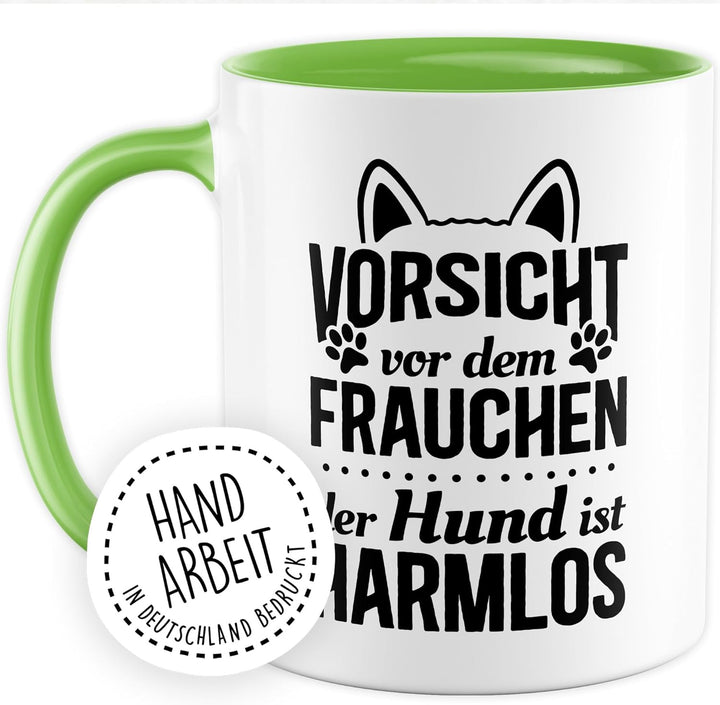 Tasse Frau Geschenk – Vorsicht vor dem Frauchen, der Hund ist harmlos – Kaffeetasse 330ml aus Kerami