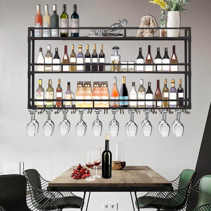 Weinregal Wand mit Glashalter, 3 Ebenen Weinpareite Display Rack, Metall Weinflasche Glashalter Wand