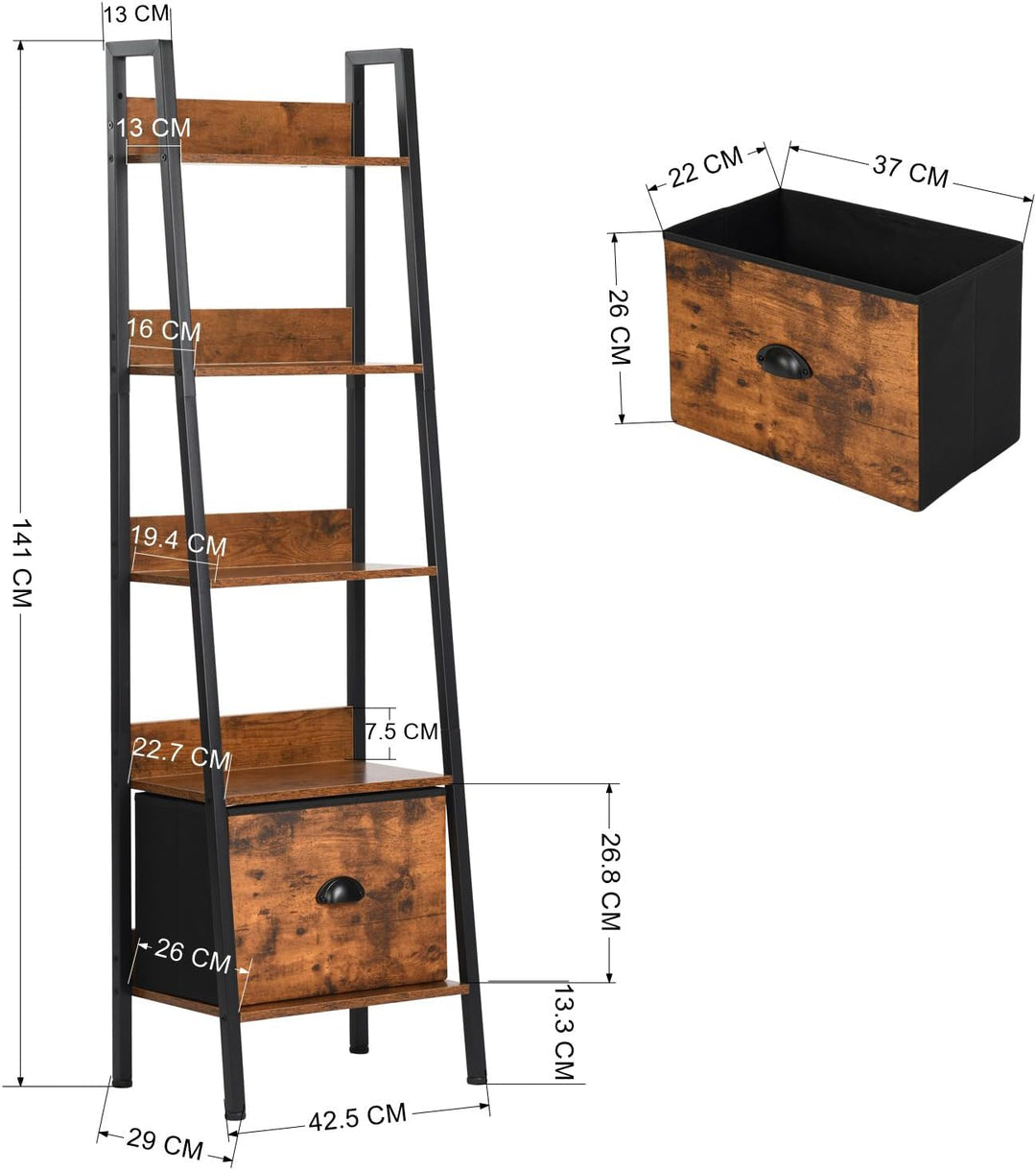 FurnitureR Pflanzenregal Leiterstil 42x29x141 cm, 5 Ebenen, Stoffschublade, 12 mm Holzplatten & 20 m