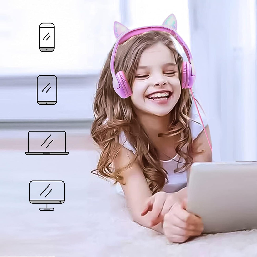 Olyre Kinder Kopfhörer Mädchen, sichere 85 dB Lautstärkeregler,LED-Kopfhörer für Kinder für Schule,