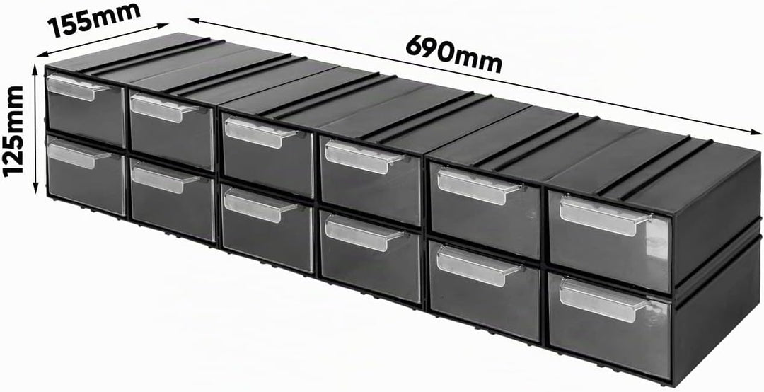 Aufbewahrungsbox mit Schubfächern Sortimentskasten - 12 Stück Transparent Schubladen - 690 x 155 x 1