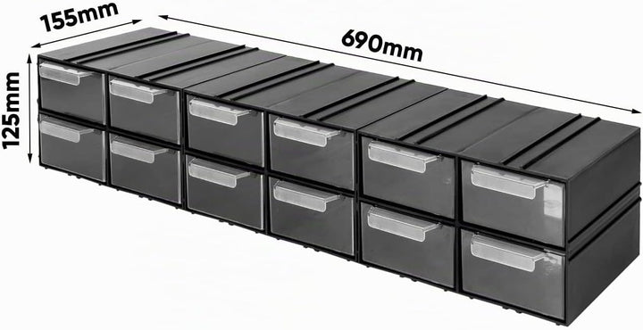 Aufbewahrungsbox mit Schubfächern Sortimentskasten - 12 Stück Transparent Schubladen - 690 x 155 x 1