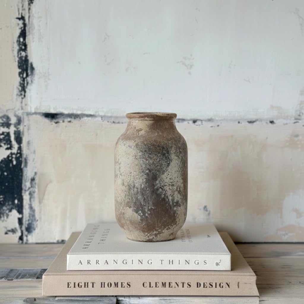 SIDUCAL Rustikale Keramikvase im Bauernhaus-Stil, weiss gekalkte Terrakotta-Keramik, dekorative Vase