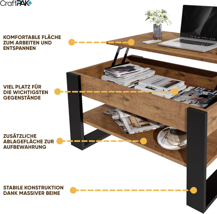 Couchtisch höhenverstellbar mit Stauraum - Couchtische - Wohnzimmertisch klappbar - höhenverstellbar