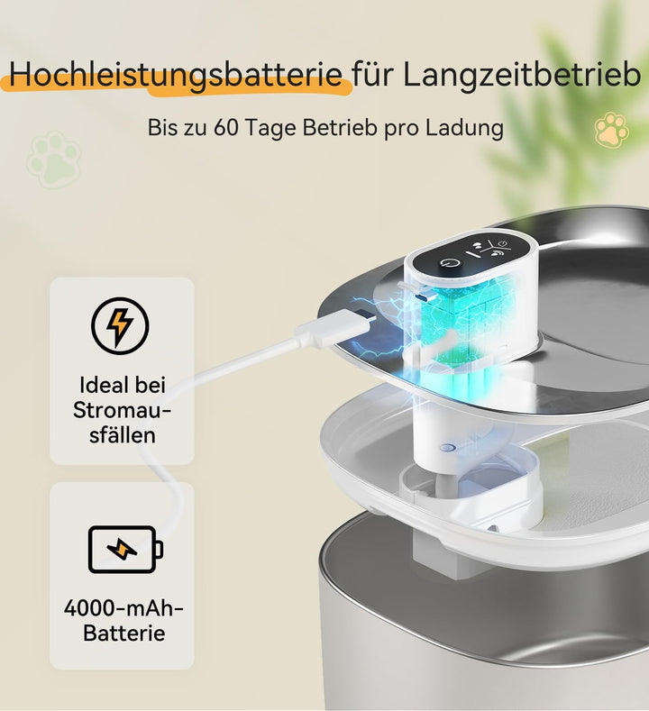 WILKIEE Katzenbrunnen Edelstahl,4,1 L Trinkbrunnen für Katze Kabellos, 4000mAh Akku katzenbrunnen mi