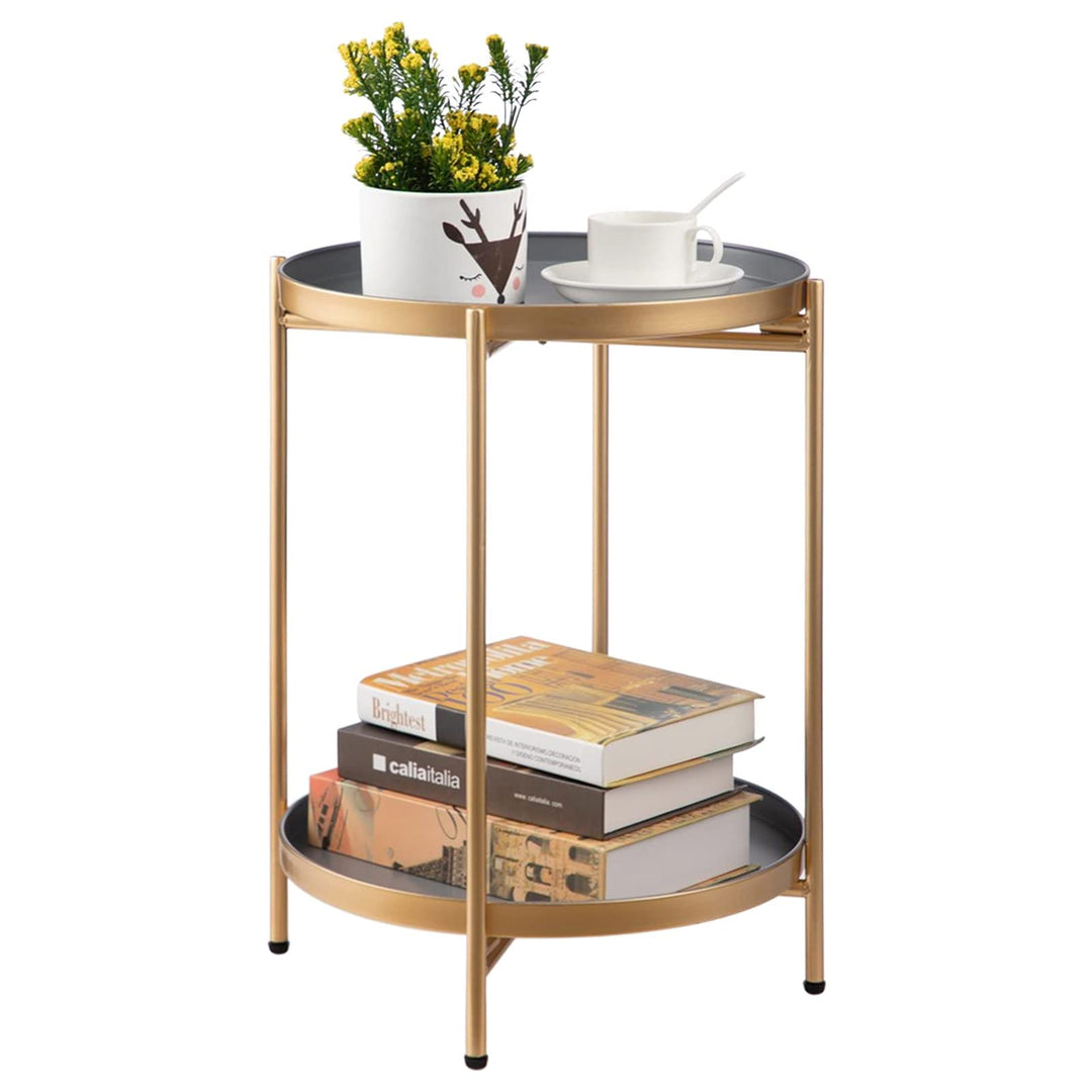 HollyHOME Rund Beistelltisch, 2 Ebenen Beistelltisch Metalltablett, Snacktisch, Balkontisch, Teetisc