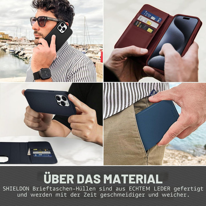SHIELDON Hülle für iPhone 15 Pro Max, Echtleder Handyhülle [Abnehmbar] [kabelloses Laden] [Kartenfac