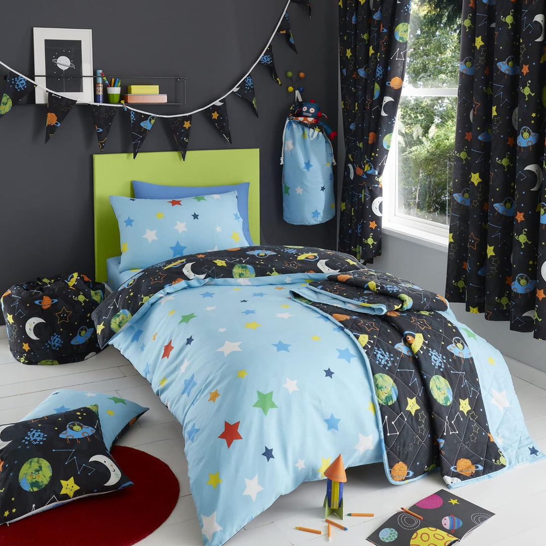 Happy Linen Company Mädchen Jungen Kinder Alien Abenteuer Weltraum Marineblau Einzelbett Wendebettwä