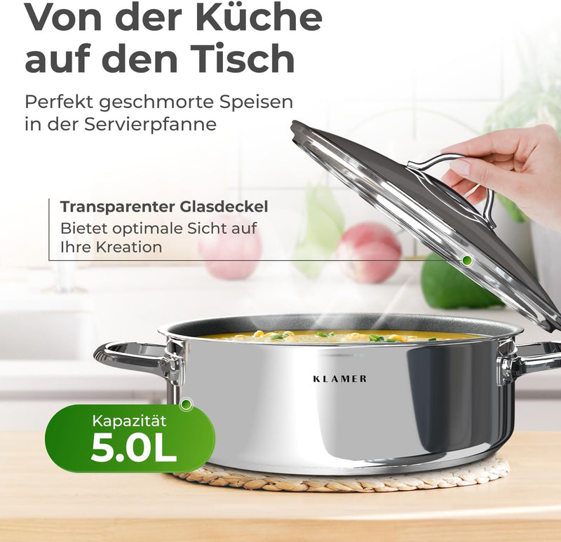 KLAMER Servierpfanne mit Deckel 28cm Induktion, Edelstahl Schmortopf backofengeeignet, Schmorpfanne