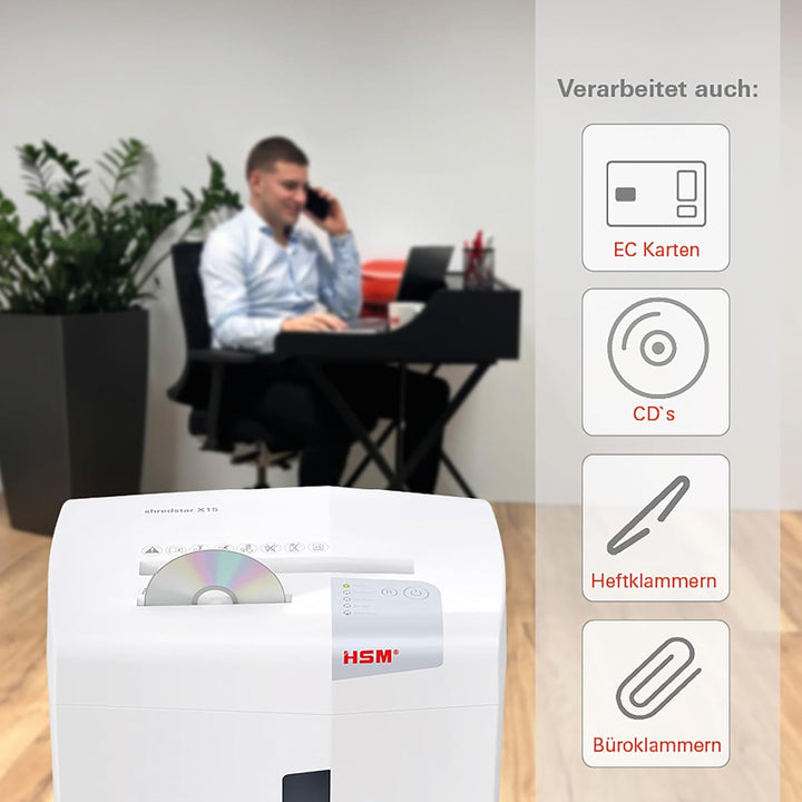 HSM shredstar X15 Aktenvernichter, Sicherheitsstufe P-4, 15 Blatt (Partikelschnitt) mit CD-Schredder