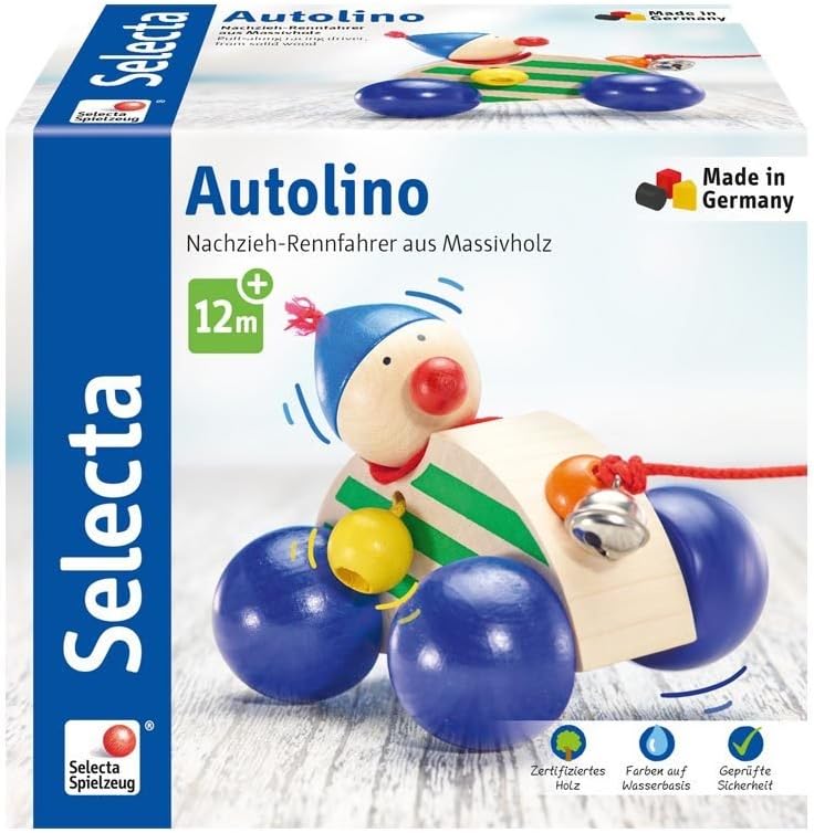 Selecta 62024 Autolino, Nachzieh Auto, Schiebe-und Nachziehspielzeug aus Holz, 11 cm