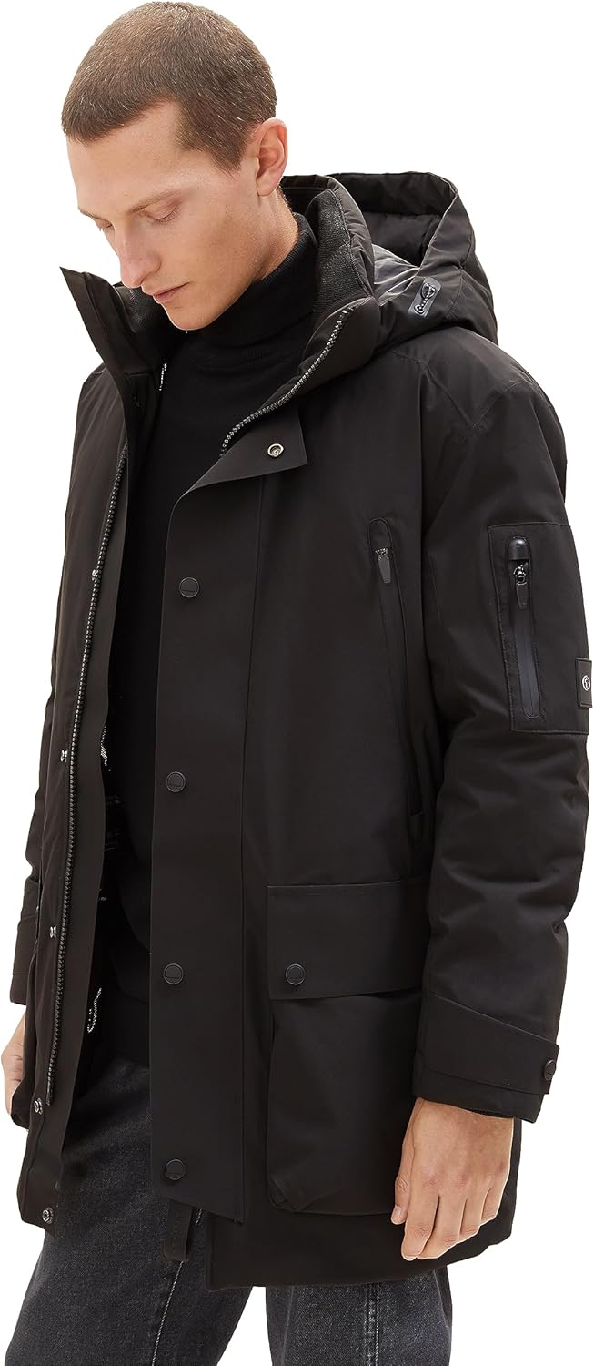 TOM TAILOR Herren Hybrid Daunenmantel mit Abnehmbarer Kapuze S 29999-black, S 29999-black