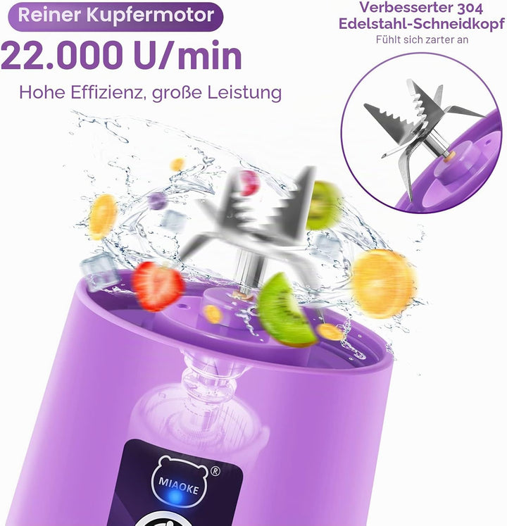 MIAOKE Tragbarer Mixer, Persönlicher Mini-Saftmixer mit Sechs Klingen in 3D, über USB aufladbar, Ent
