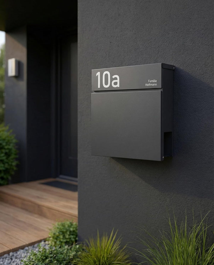 Radius® Designer Briefkasten Edelstahl - Hausnummer & Briefkasten Namensschild personalisiert mit La