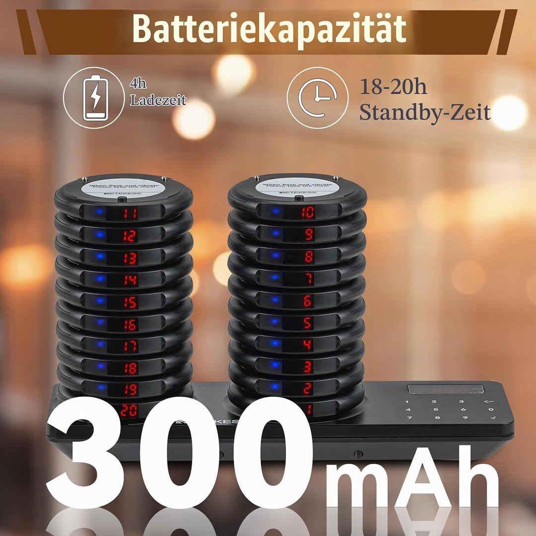 Retekess TD163 Restaurant Pager System, Pager Rufsystem, 20 Pager, 500M, Schwarz, Blaue LED-Anzeigel