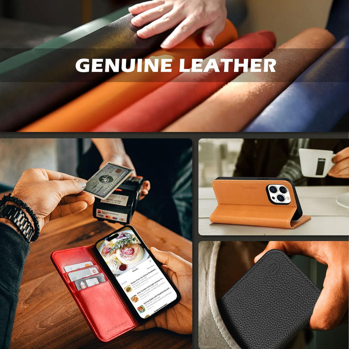 SHIELDON Hülle für iPhone 14 Pro Handyhülle TPU [Echtleder] [Kartenfach] [Magnet] [Standfunktion] [R