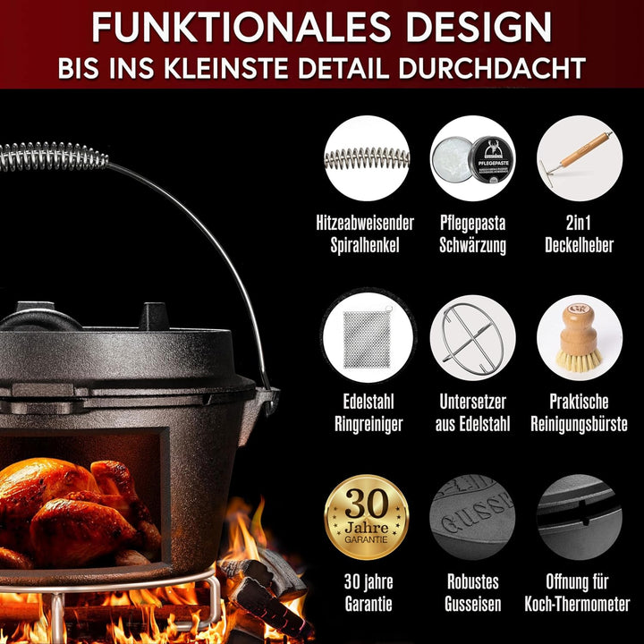 Dutch Oven Set–Eingebrannter Dutch Oven 7L [3-6 Person]–Feuertopf Gusseisen ohne Füsse–Schmortopf Do