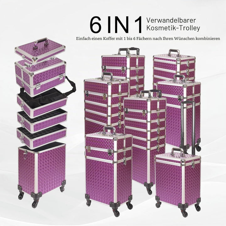 Kosmetikkoffer Trolley, 6-in-1 Schminkkoffer mit Spiegel & Schloss, Grosser Kosmetik Reisekoffer Mak