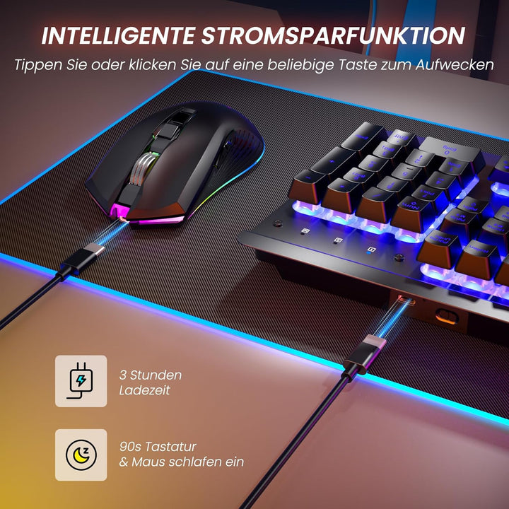 RisoPhy Gaming Tastatur Maus Set Kabellos, QWERTZ, Metallplatte, 7 Farben Beleuchtet, Wiederaufladba