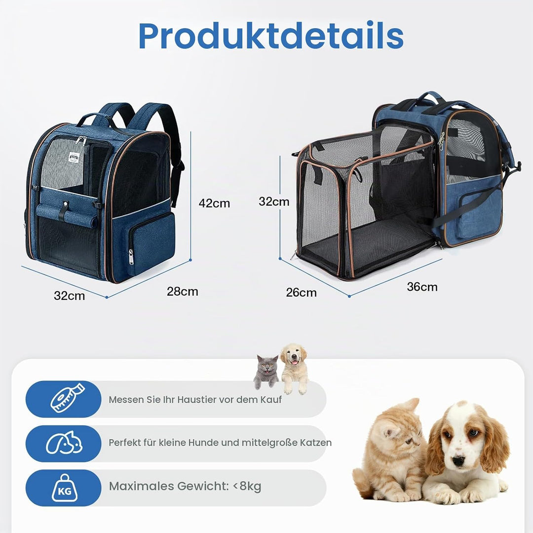 Lekespring Faltbare Haustier Rucksack Beidseitige Bi-Schulter,Blau -XL Blau (bis zu 10kg) Erweiterba