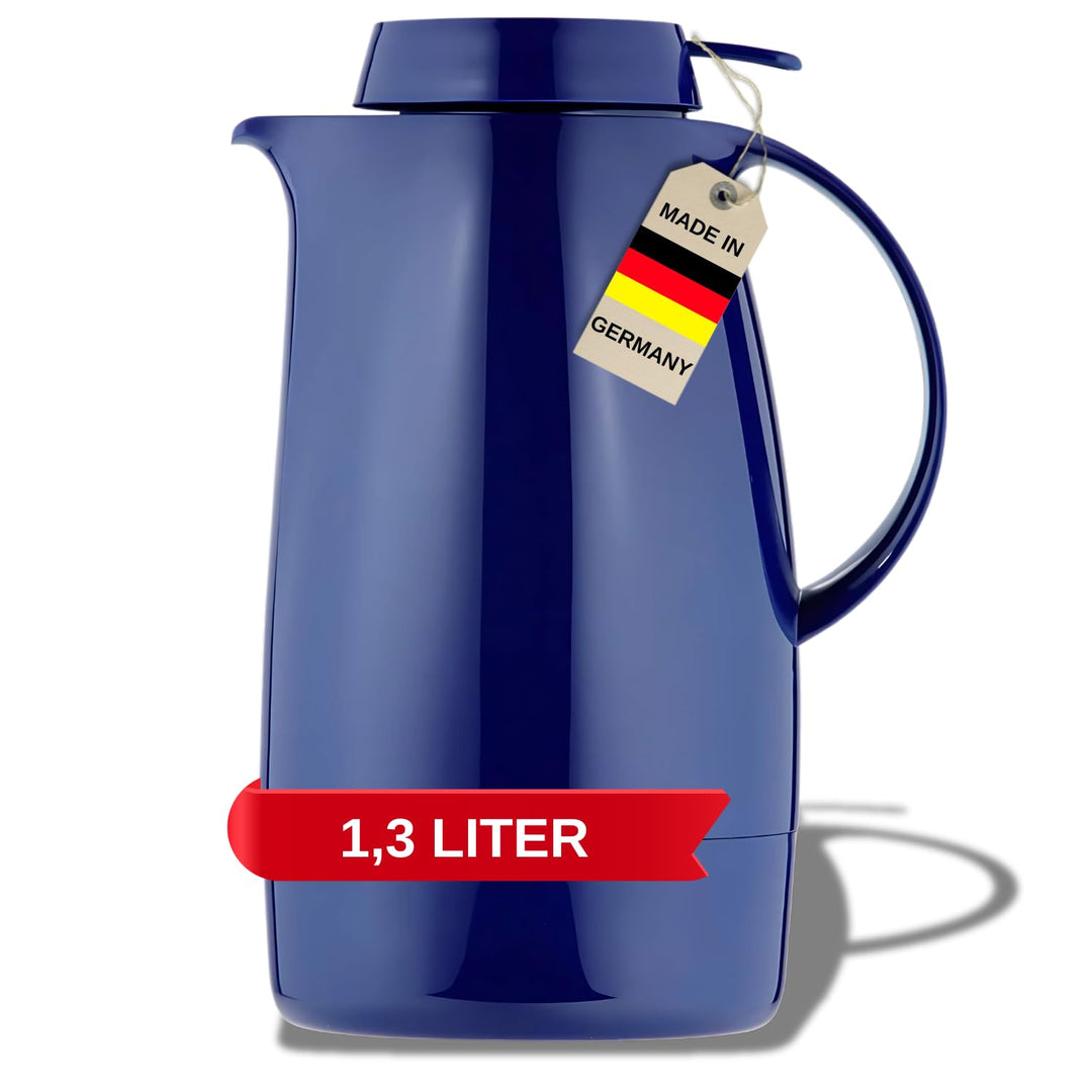 Helios Servitherm Thermoskanne Dunkelblau 1,3L – 6h Heiss - Hält Getränke heiss & kalt – Einhandbedi