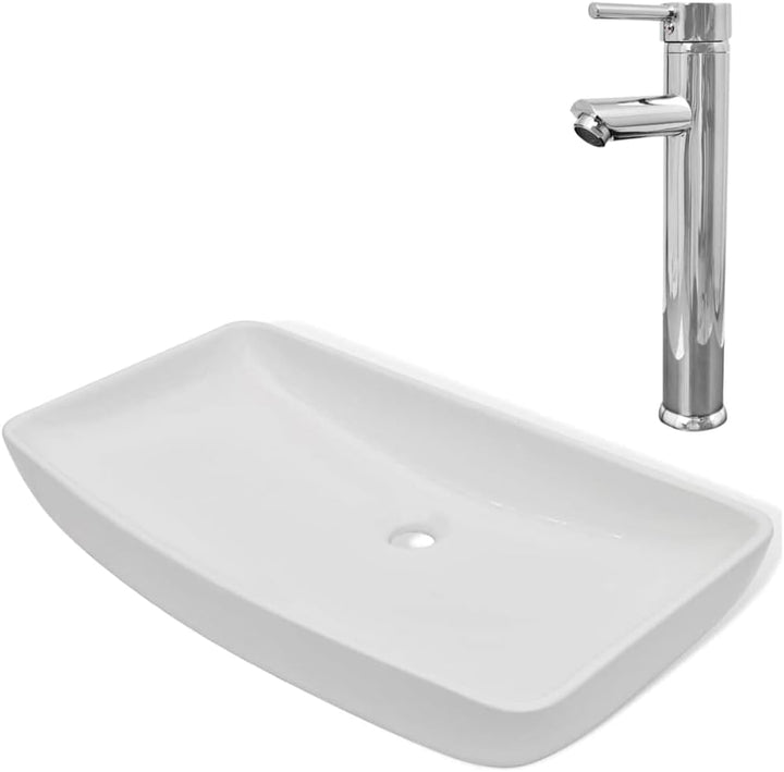 WIFESE Bad-Waschbecken mit Mischbatterie Keramik Rechteckig Weiss 71x38x13,5 CM Aufsatzwaschbecken E