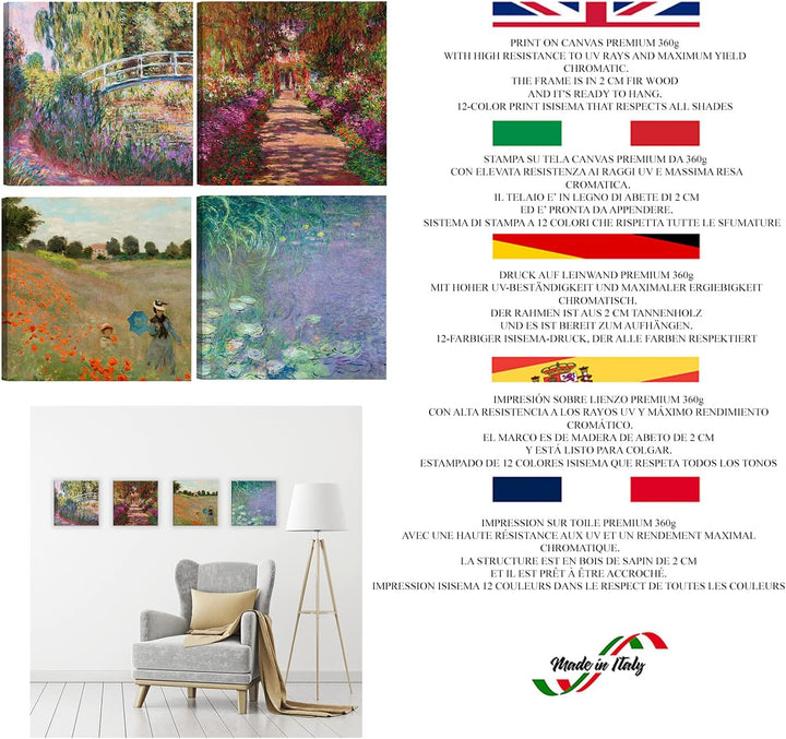 DìMò ART, klassische Kunstbilder, Claude Monet, 4 Stück, je 30 x 30 cm, Leinwanddruck, Dekor, Kunst,