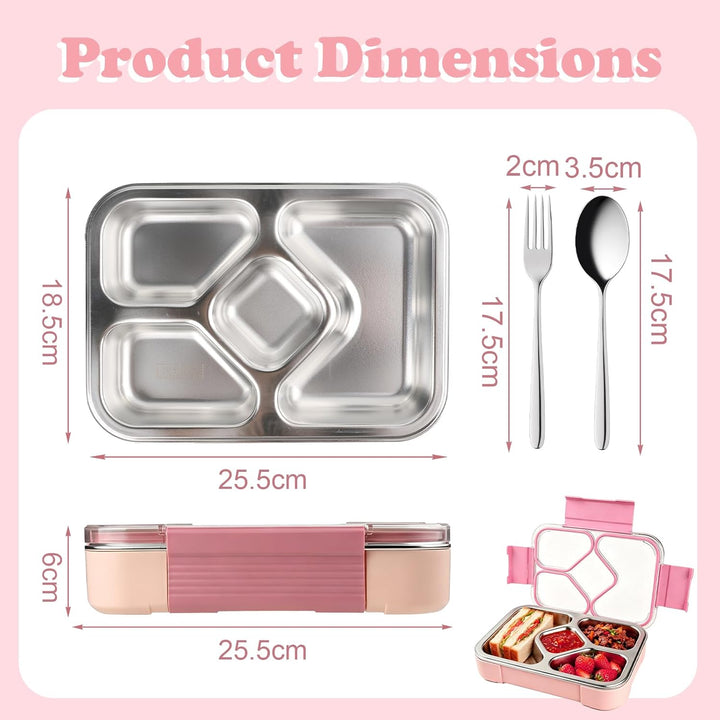 Edelstahl Brotdose Kinder,1020ml Metall Bento Lunchbox mit 4 Fächern Auslaufsichere Brotbox Kinderga