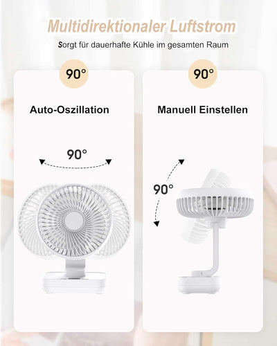 Joneytech Ventilator Leise Automatisch Oszillierend, 4000mAh Akku USB tischventilator 4 Geschwindigk