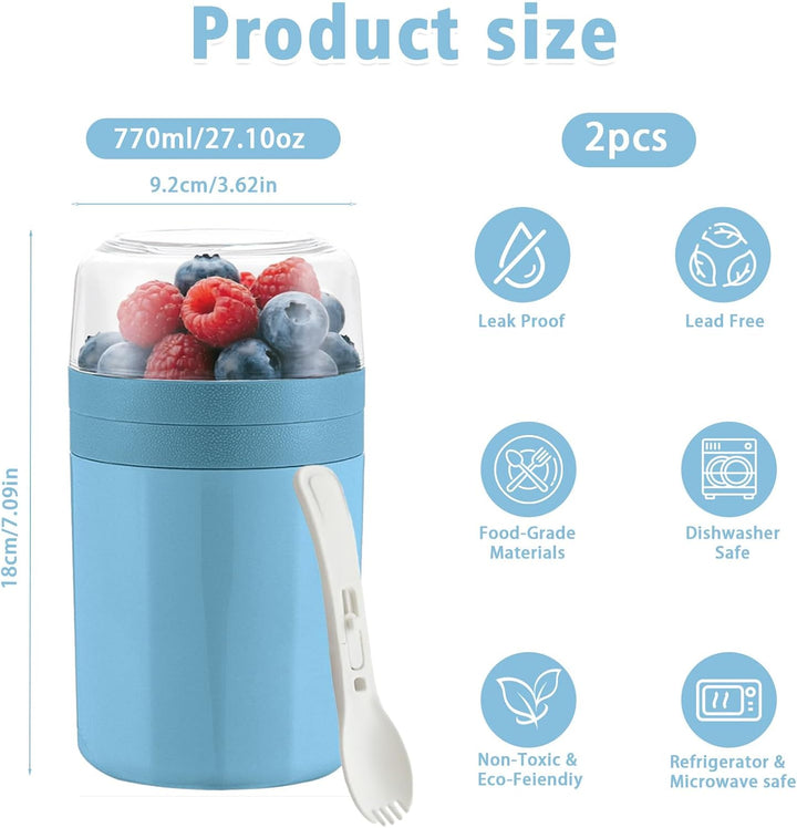 2 Stück Müslibecher To Go mit Löffel, Auslaufsicherer Joghurtbecher To Go 520ML+50ML+250ML, 3-Schich